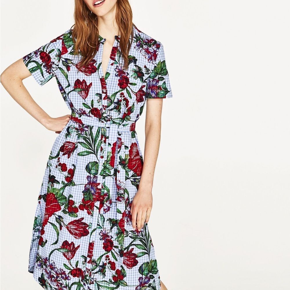 ZARA blue gingham floral midi dress XS